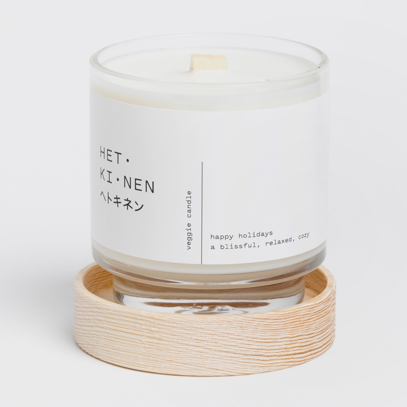 Scented candle in glass Veggie, happy holidays