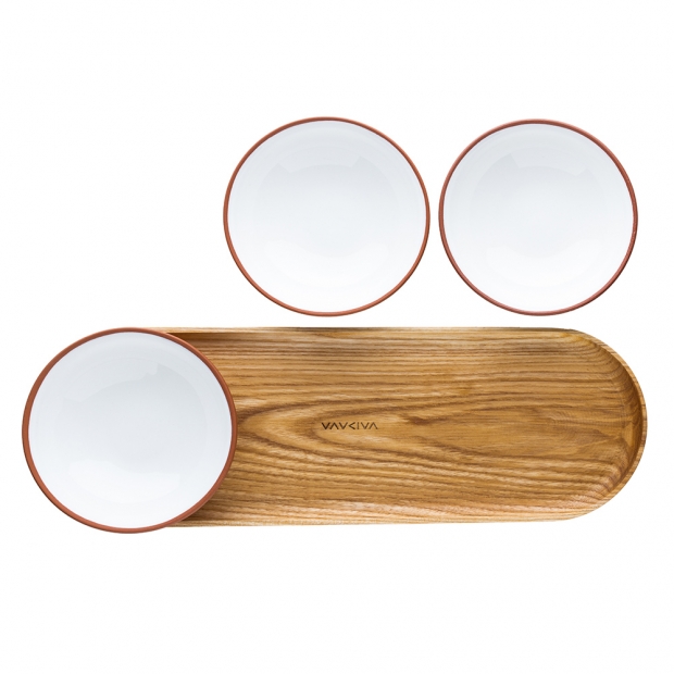 Set of bowls with tray Earth 3pcs, white / ash