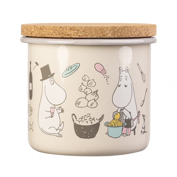 Moomins Bon Appétit jar with lid 1.3l, enamel-cork / beige