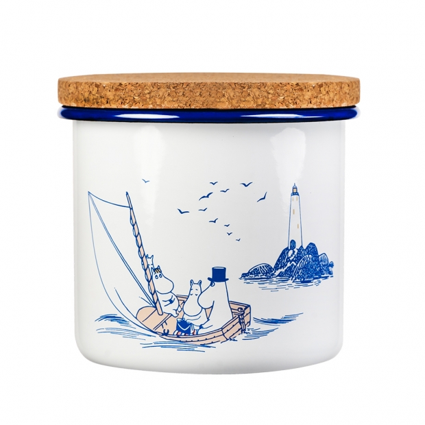 Moomins Sailors jar with lid 1.3l, enamel-cork / white-blue