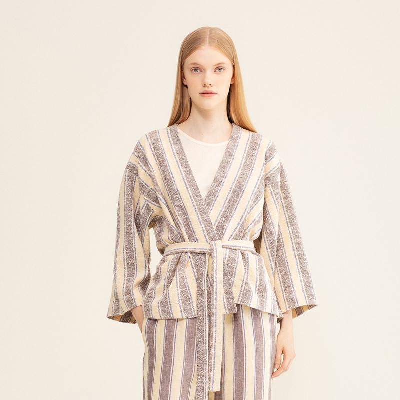 Kaapelitehdas bathrobe, short / white-brown-blue