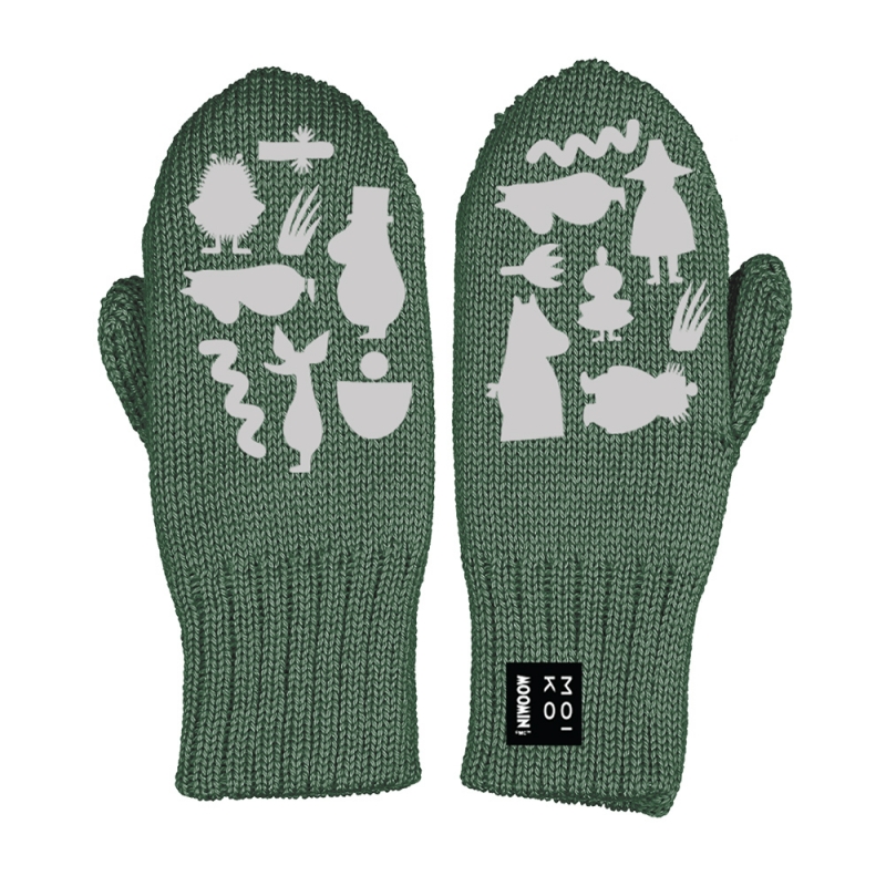 Children's merino mittens Moomin family, dark green