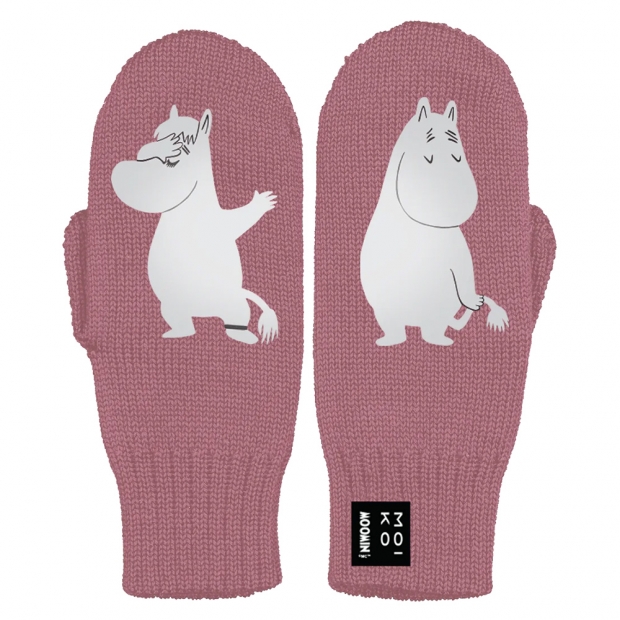 Merino mittens Moomin in love, pink / reflective