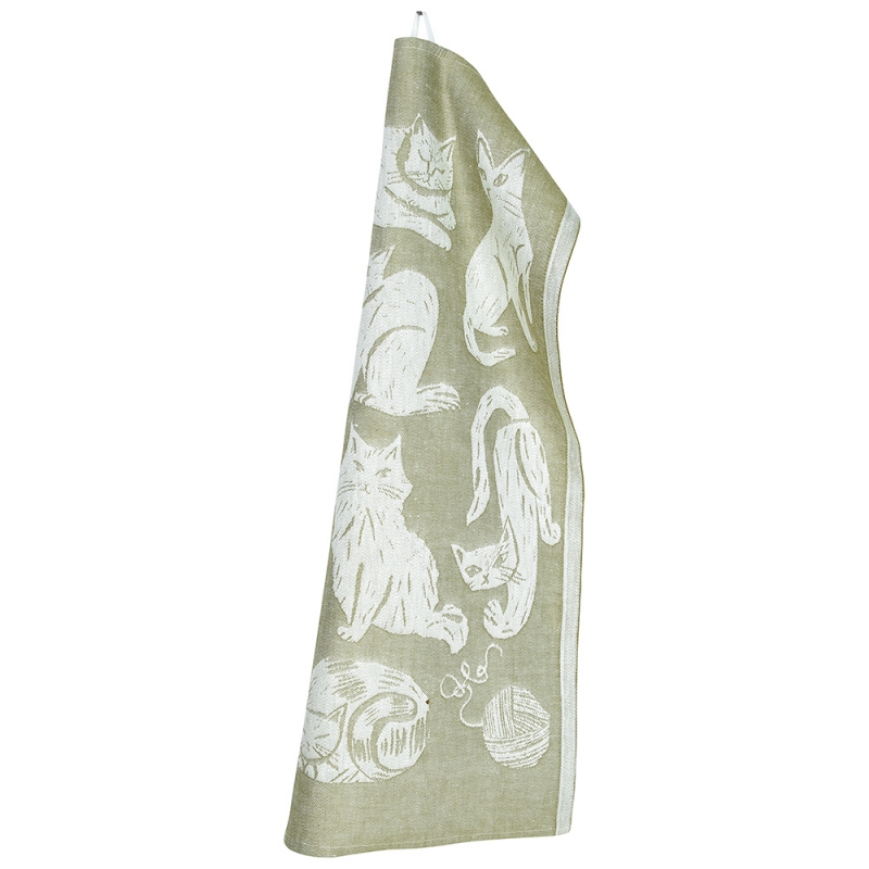 Linen tea towel Kissanpäivät 46x70, olive-white